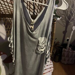 POL Fringe Side Tank Top – Slate Gray Knotted Sleeveless Boho Shirt – NWT